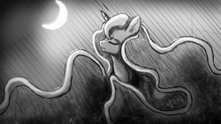 Size: 1280x720 | Tagged: safe, artist:hierozaki, princess luna, lunadoodle, g4, female, grayscale, monochrome, moon, solo