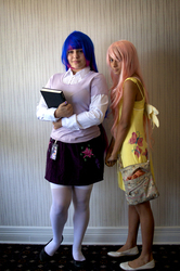 Size: 1275x1920 | Tagged: artist needed, safe, fluttershy, twilight sparkle, human, g4, book, brony fan fair, brony fan fair 2012, convention, cosplay, irl, irl human, photo