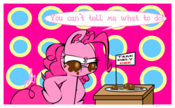 Size: 1808x1116 | Tagged: safe, artist:mushroomcookiebear, pinkie pie, g4, abstract background, anarchy, aweeg*, chocolate, dialogue, female, fuck the police, hooves on hips, messy eating, solo, speech bubble