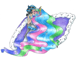 Size: 2553x1903 | Tagged: safe, artist:fountainstranger, king sombra, princess celestia, human, g4, cape, clothes, eyes closed, eyeshadow, good king sombra, hug, humanized, kissing, ship:celestibra, shipping, simple background, traditional art, transparent background