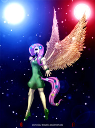 Size: 765x1024 | Tagged: safe, artist:wwredgrave, fluttershy, butterfly, anthro, filli vanilli, g4, my little pony: friendship is magic, blue light, clothes, dress, feather, female, flower, high heels, lens flare, lights, microphone, pose, red light, singing, solo, stars, wings