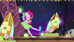 Size: 640x360 | Tagged: safe, screencap, pinkie pie, equestria girls, g4, my little pony equestria girls: rainbow rocks, shake your tail, clothes, feet, female, grass skirt, hula, hulapie, musical instrument, sandals, skirt, solo, ukulele