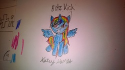 Size: 3552x2000 | Tagged: safe, artist:katey hanes, oc, oc only, oc:blitz kick, alicorn, pony, alicorn oc, high res, not rainbow dash, rainbow hair, sitting, solo