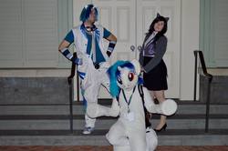 Size: 2048x1358 | Tagged: safe, artist:atalonthedeer, dj pon-3, octavia melody, vinyl scratch, human, g4, 2014, clothes, convention, cosplay, fursuit, high heels, irl, irl human, katsucon, katsucon 2014, photo, rule 63, skirt, tube skirt