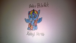 Size: 3552x2000 | Tagged: safe, artist:katey hanes, oc, oc only, alicorn, pony, alicorn oc, baby, high res, not rainbow dash, rainbow hair, sitting, solo, traditional art