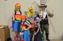 Size: 2048x1362 | Tagged: artist needed, safe, artist:the whovian family, derpy hooves, discord, princess luna, rainbow dash, human, g4, 2014, clothes, convention, cosplay, gloves, hat, irl, irl human, katsucon, katsucon 2014, photo, target demographic, top hat