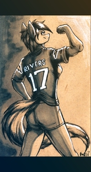 Size: 474x900 | Tagged: safe, artist:boneitis, rainbow dash, anthro, g4, american football, bicep, clothes, female, flexing, jersey, looking back, nfl, philip rivers, pose, san diego chargers, shorts, smirk, solo, wingless, wingless anthro