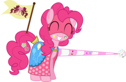 Size: 1379x900 | Tagged: safe, artist:parclytaxel, artist:xenoneal, pinkie pie, g4, .svg available, cape, clothes, cute, eyes closed, female, grin, jousting, lance, mask, simple background, smiling, solo, svg, transparent background, vector