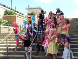 Size: 2048x1536 | Tagged: artist needed, safe, applejack, discord, fluttershy, pinkie pie, rainbow dash, rarity, twilight sparkle, human, g4, 2013, connecticon, convention, cosplay, group photo, irl, irl human, mane six, photo, stairs, target demographic