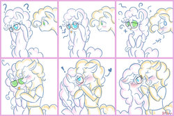 Size: 1024x682 | Tagged: safe, artist:dragonfoxgirl, cheese sandwich, pinkie pie, g4, :o, :p, blushing, comic, confused, cute, dizzy, exclamation point, female, floppy ears, frown, glasses, grin, heart, hug, kissing, male, question mark, ship:cheesepie, shipping, shocked, smiling, straight, surprise kiss, surprised, sweat, sweatdrop, tailboner, tongue out, wide eyes