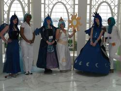 Size: 2048x1536 | Tagged: artist needed, safe, artist:marchmochahare, princess celestia, princess luna, human, g4, 2013, convention, cosplay, group photo, irl, irl human, katsucon, photo, staff