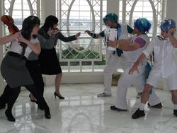 Size: 2048x1536 | Tagged: artist needed, safe, dj pon-3, octavia melody, vinyl scratch, human, g4, 2013, convention, cosplay, fight, group photo, irl, irl human, katsucon, multeity, musical instrument, photo, rule 63, vinyl album