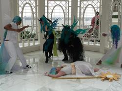 Size: 2048x1536 | Tagged: artist needed, safe, princess celestia, queen chrysalis, human, g4, 2013, convention, cosplay, fight, irl, irl human, katsucon, multeity, photo, staff