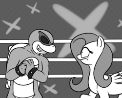 Size: 810x652 | Tagged: safe, artist:meepymaybelle, fluttershy, g4, boxing ring, implied violence, koopalings, monochrome, nintendo, ring, roy koopa, super mario bros., this will end in pain