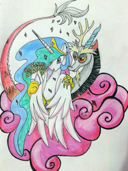 Size: 720x960 | Tagged: safe, artist:legadema, discord, princess celestia, g4, female, flower, male, ship:dislestia, shipping, straight, traditional art