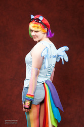 Size: 1278x1920 | Tagged: safe, artist:badwolfcaa, rainbow dash, human, g4, clothes, cosplay, fingerless gloves, gloves, goggles, irl, irl human, photo, shorts, solo, tail, wings