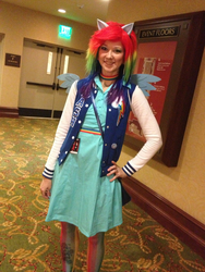 Size: 1080x1440 | Tagged: safe, artist:hey-its-cosplay, rainbow dash, human, g4, clothes, convention, cosplay, ikkicon, irl, irl human, jacket, photo, solo, varsity jacket