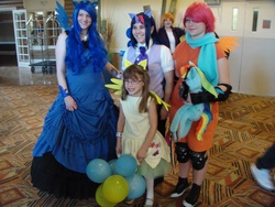 Size: 960x720 | Tagged: safe, artist:awasteofgoodwine, fluttershy, princess luna, scootaloo, twilight sparkle, human, g4, 2013, a taste of animethon, animethon, balloon, convention, cosplay, irl, irl human, knee pads, photo, target demographic