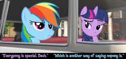 Size: 1200x560 | Tagged: safe, edit, screencap, rainbow dash, twilight sparkle, g4, caption, parody, the incredibles