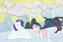 Size: 1500x1000 | Tagged: safe, artist:narflarg, rarity, sweetie belle, pony, g4, cloud, snow