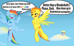 Size: 1538x948 | Tagged: safe, artist:tralalayla, derpy hooves, rainbow dash, spitfire, pegasus, pony, g4, 20% cooler, :t, belly button, brag, cloud, commission, commissioner:navelcolt, competition, cutie mark, dialogue, eyes closed, female, flapping, magazine, mare, open mouth, smiling, smug, speech bubble, wings, wonderbolts