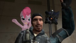 Size: 1366x768 | Tagged: artist needed, safe, pinkie pie, g4, 3d, gmod, gordon frohman, half-life, half-life 2, john freeman, male 07, rebel, scanner