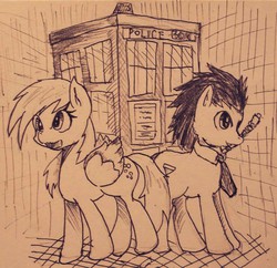 Size: 1024x993 | Tagged: safe, artist:doubt, derpy hooves, doctor whooves, time turner, pegasus, pony, g4, doctor who, female, mare, monochrome, pixiv, sonic screwdriver, tardis