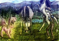 Size: 1736x1214 | Tagged: safe, artist:elfman83ml, megan williams, twilight sparkle, alicorn, horse, human, pony, g4, derp, female, frown, glowing, glowing horn, grass, horn, horse-pony interaction, magic, mare, open mouth, rearing, scenery, shocked, spread wings, traditional art, twilight sparkle (alicorn), wide eyes, wings