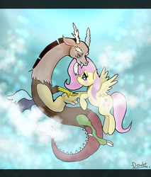 Size: 2322x2724 | Tagged: safe, artist:doubt, discord, fluttershy, g4, female, high res, holding legs, male, pixiv, ship:discoshy, shipping, straight