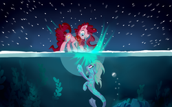Size: 1920x1200 | Tagged: safe, artist:qweeli, pinkie pie, oc, earth pony, merpony, pony, g4, blue eyes, bubble, crepuscular rays, digital art, female, fish tail, flowing mane, glowing, glowing horn, horn, ice, looking at each other, looking at someone, magic, mare, night, ocean, purple eyes, runes, seaweed, sky, snow, snowfall, tail, underwater, water