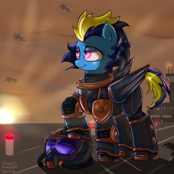 Size: 1280x1280 | Tagged: safe, artist:strangerdanger, oc, oc only, oc:blue angel, pegasus, pony, armor, helmet, raised hoof, smiling, smirk, smug, solo, sunset