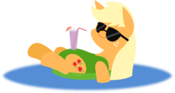 Size: 2772x1473 | Tagged: safe, artist:zacatron94, applejack, g4, clothes, drink, female, green swimsuit, inner tube, on back, one-piece swimsuit, simple background, solo, sunglasses, swimsuit, transparent background, water