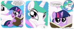 Size: 1750x700 | Tagged: safe, artist:epulson, princess celestia, twilight sparkle, alicorn, pony, unicorn, g4, 3 panel comic, book, comic, dialogue, duo, duo female, eyebrows, female, filly, holding, horn, inset, insult, looking at each other, looking at someone, lying down, open mouth, open smile, prone, raised eyebrow, sitting, smiling, speech bubble, tail, unicorn twilight, younger