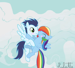 Size: 1024x931 | Tagged: dead source, safe, artist:rulette, rainbow dash, soarin', g4, alternate hairstyle, blank flank, blushing, boop, cloud, cloudy, eyes closed, female, flying, hug, male, noseboop, nuzzling, ship:soarindash, shipping, smiling, spread wings, straight, sweet dreams fuel