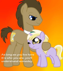 Size: 614x690 | Tagged: safe, artist:crazyjunglegal, dinky hooves, doctor whooves, time turner, g4, bedroom eyes, cute, equestria's best father, hug, smiling, text, wink