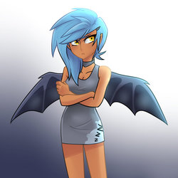 Size: 894x894 | Tagged: safe, artist:kianamai, oc, oc only, oc:princess nidra, bat pony, human, kilalaverse, choker, cleavage, clothes, crossed arms, dress, female, frown, gradient background, humanized, humanized oc, looking at you, next generation, offspring, parent:oc:supernova, parent:princess luna, parents:canon x oc, solo, spread wings, winged humanization