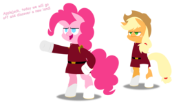 Size: 2935x1754 | Tagged: safe, artist:zacatron94, applejack, pinkie pie, pony, g4, bipedal, clothes, crossover, dialogue, futurama, male, parody, simple background, transparent background, uniform