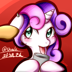 Size: 2440x2440 | Tagged: safe, artist:haruno hiroka, scootaloo, sweetie belle, g4, drinking, high res, pixiv