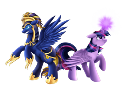 Size: 3267x2334 | Tagged: safe, artist:pridark, twilight sparkle, oc, oc:zephyr, alicorn, pony, g4, armor claws, canon x oc, duo, ears back, female, glowing, glowing horn, high res, horn, magic, male, mare, metal claws, pose, raised hoof, rearing, simple background, straight, transparent background, twilight sparkle (alicorn), twiphyr