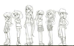 Size: 2500x1560 | Tagged: safe, artist:looji, applejack, fluttershy, pinkie pie, rainbow dash, rarity, twilight sparkle, human, g4, humanized, mane six, monochrome