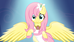 Size: 3840x2160 | Tagged: safe, artist:beavernator, fluttershy, g4, alternate hairstyle, clothes, cute, dress, element of kindness, female, flower, flower in hair, high res, looking at you, shyabetes, smiling, solo, spread wings, wallpaper, wide eyes