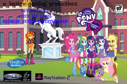 Size: 980x652 | Tagged: safe, applejack, fluttershy, pinkie pie, rainbow dash, spike, sunset shimmer, twilight sparkle, dog, equestria girls, g4, check six studios, equinox digital entertainment, exploitable meme, fake, hasbro gaming, meme, playstation 2, spike the dog