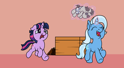 Size: 900x492 | Tagged: safe, artist:thatasianmike, smarty pants, trixie, twilight sparkle, g4, bullying, chase, eyes closed, filly, floppy ears, frown, magic, open mouth, running, smiling, telekinesis, underhoof