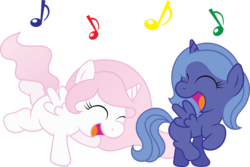 Size: 2629x1758 | Tagged: safe, artist:t-3000, princess celestia, princess luna, alicorn, pony, g4, cewestia, eyes closed, filly, music notes, simple background, transparent background, woona, younger