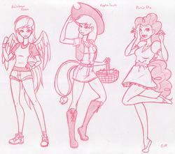 Size: 1200x1059 | Tagged: safe, artist:x-cross, applejack, pinkie pie, rainbow dash, human, g4, humanized, monochrome, tailed humanization, winged humanization