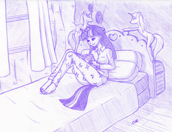 Size: 2000x1534 | Tagged: safe, artist:x-cross, twilight sparkle, human, g4, bed, book, clothes, doctor who, female, horn, horned humanization, humanized, monochrome, pajamas, solo, tailed humanization