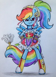 Size: 900x1243 | Tagged: safe, artist:oriwhitedeer, rainbow dash, pegasus, pony, semi-anthro, g4, alternate hairstyle, bipedal, clothes, converse, duster, female, maid, mare, prehensile tail, rainbow dash always dresses in style, shoes, signature, simple background, solo, traditional art, white background