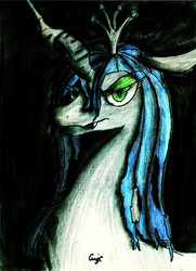 Size: 3151x4364 | Tagged: safe, artist:qwixthetrappedone, queen chrysalis, changeling, changeling queen, g4, female, portrait, solo, traditional art