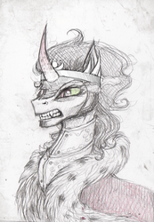 Size: 678x980 | Tagged: safe, artist:grinu, king sombra, pony, unicorn, g4, fangs, male, portrait, solo, traditional art