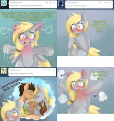 Size: 1536x1635 | Tagged: safe, artist:ende26, derpy hooves, doctor whooves, time turner, earth pony, pegasus, pony, lovestruck derpy, g4, ask, blushing, daydream, female, male, mare, offspring, ship:doctorderpy, shipping, straight, tumblr